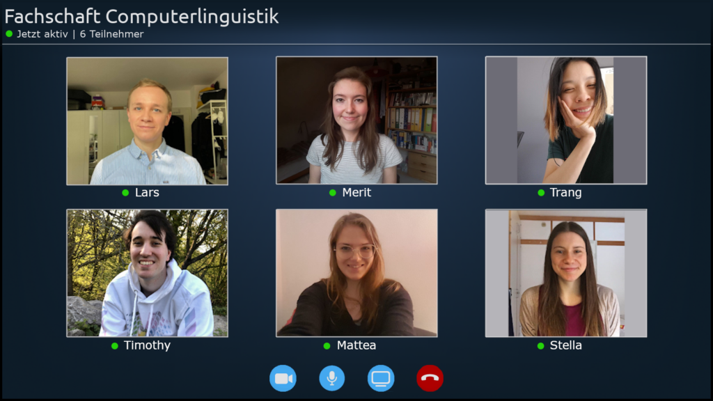 Abbildung der Mitglieder (Lars, Merit, Trang, Timothy, Mattea, Stella) des Fachschaftsrates 2021 in einer Videokonferenz