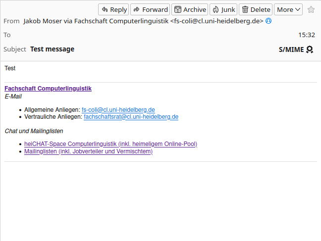 Screenshot of an email from fs-coli@cl.uni-heidelberg.de in the Thunderbird mail client. Flush right next to the subject is “S/MIME”, followed by a stylized seal.
